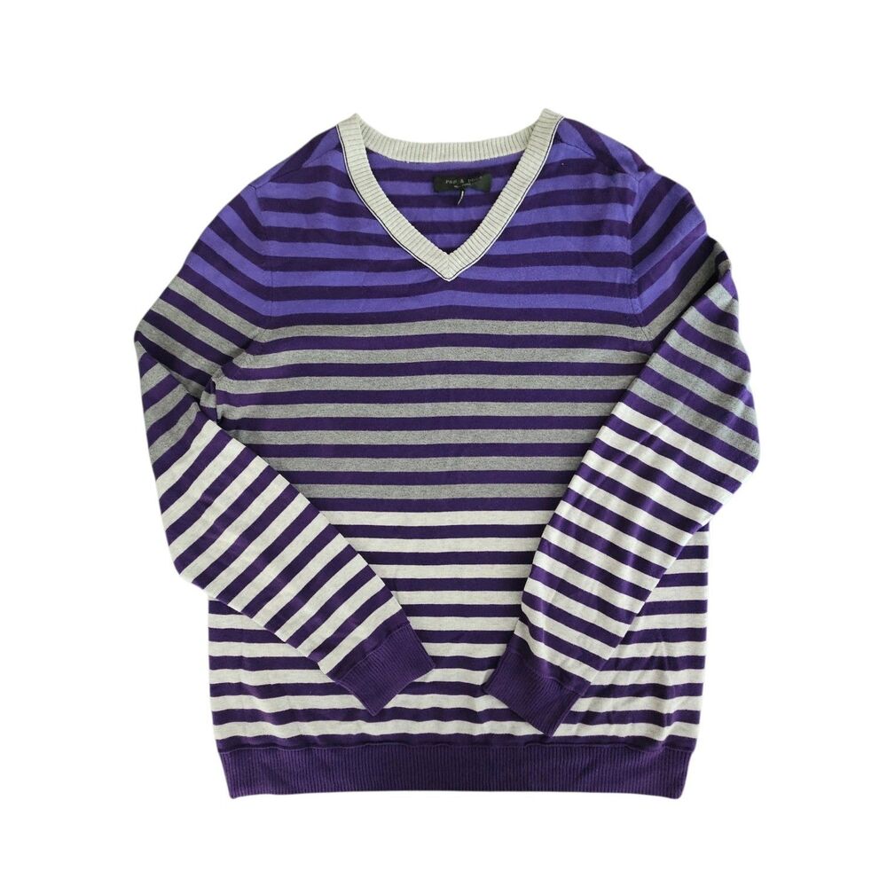 Rag & Bone Mens Sweater Purple Gray Stripe Size Med V Neck 100% Cotton